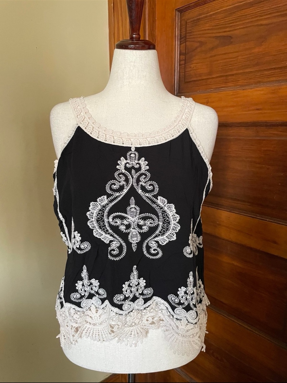 Ultra Pink Black Cami with Cream Embroidered Lace Trim